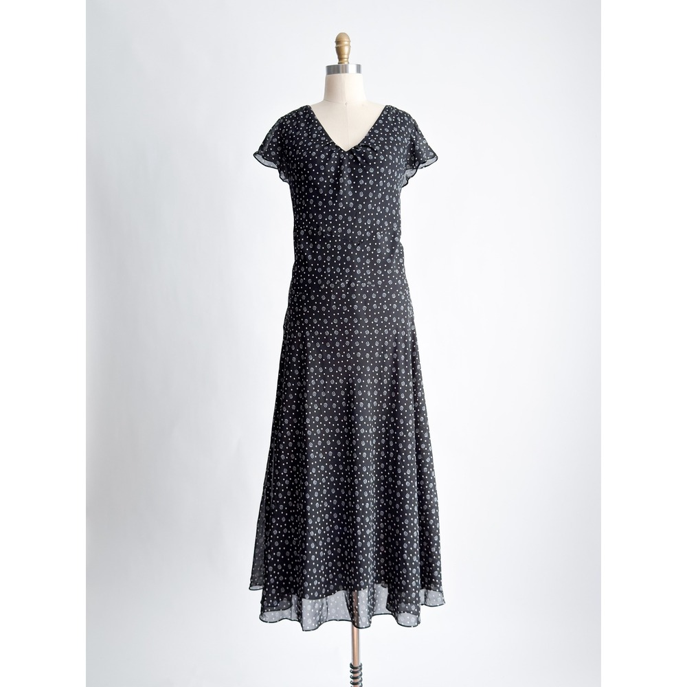 J.G. Hook Midi Dress Vintage Polka Dot Black Flutter Sleeve V-Neck A-Line